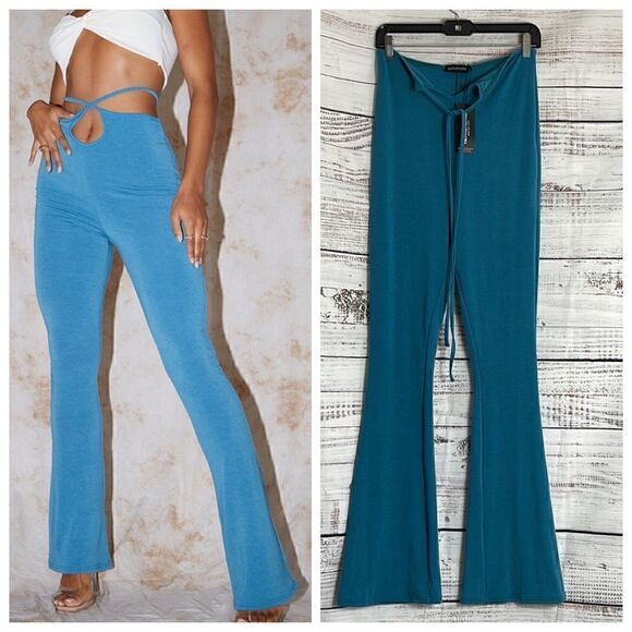 Pretty little thing Trouser mineral blue contour jersey tie waist flare Wide Leg - Picture 1 of 10